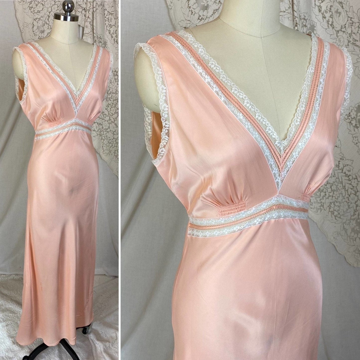 Vintage 1940's Nightgown | Rich Rose Pink Rayon Satin with White Floral Lace | Size XS, S | Never Worn - Daggers & Dames