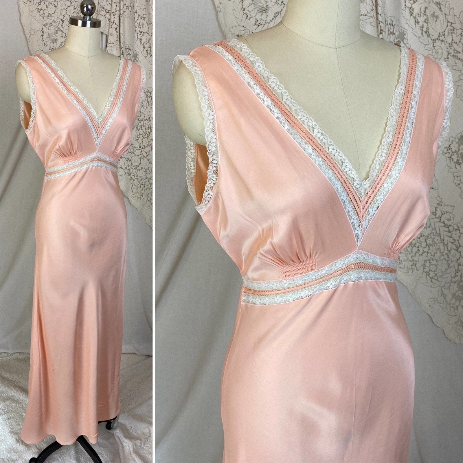Vintage 1940's Nightgown | Rich Rose Pink Rayon Satin with White Floral Lace | Size XS, S | Never Worn - Daggers & Dames