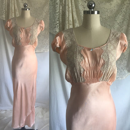 Vintage 1940's Nightgown | Rose Gold Pink Rayon Satin with Alençon Lace & Cap Sleeves | Size LG - Daggers & Dames