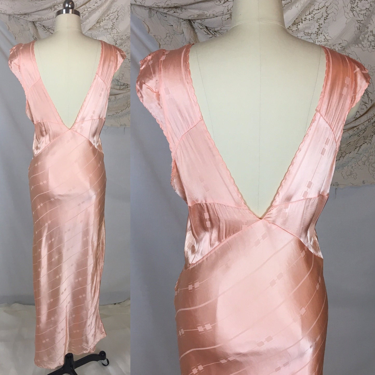 Vintage 1940's Nightgown | Rose Gold Pink Rayon Satin with Art Deco Brocade Pattern | Size MED, LG - Daggers & Dames