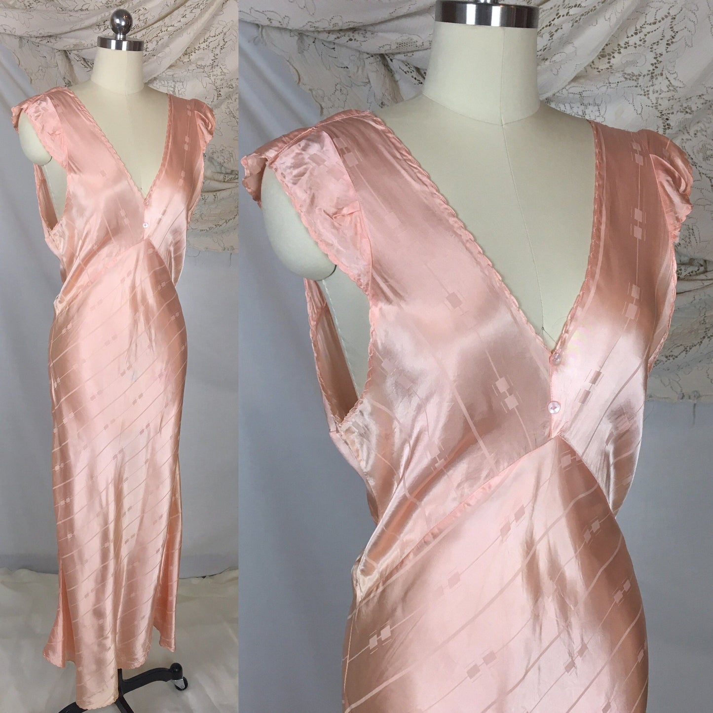 Vintage 1940's Nightgown | Rose Gold Pink Rayon Satin with Art Deco Brocade Pattern | Size MED, LG - Daggers & Dames
