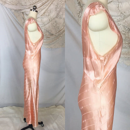 Vintage 1940's Nightgown | Rose Gold Pink Rayon Satin with Art Deco Brocade Pattern | Size MED, LG - Daggers & Dames