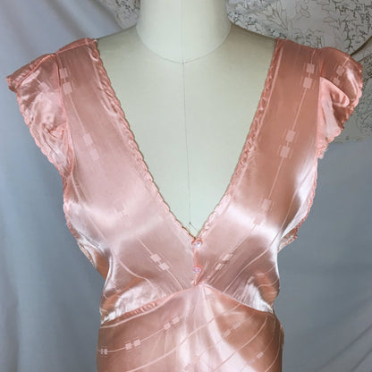 Vintage 1940's Nightgown | Rose Gold Pink Rayon Satin with Art Deco Brocade Pattern | Size MED, LG - Daggers & Dames