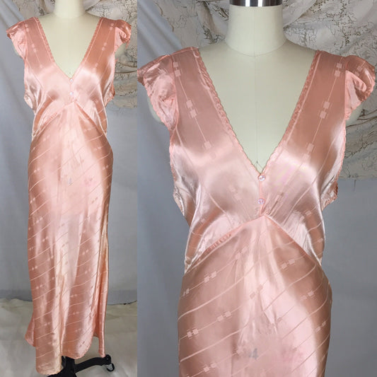 Vintage 1940's Nightgown | Rose Gold Pink Rayon Satin with Art Deco Brocade Pattern | Size MED, LG - Daggers & Dames