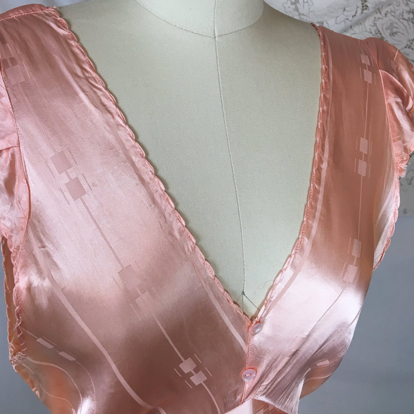 Vintage 1940's Nightgown | Rose Gold Pink Rayon Satin with Art Deco Brocade Pattern | Size MED, LG - Daggers & Dames
