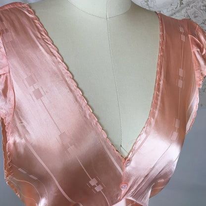 Vintage 1940's Nightgown | Rose Gold Pink Rayon Satin with Art Deco Brocade Pattern | Size MED, LG - Daggers & Dames