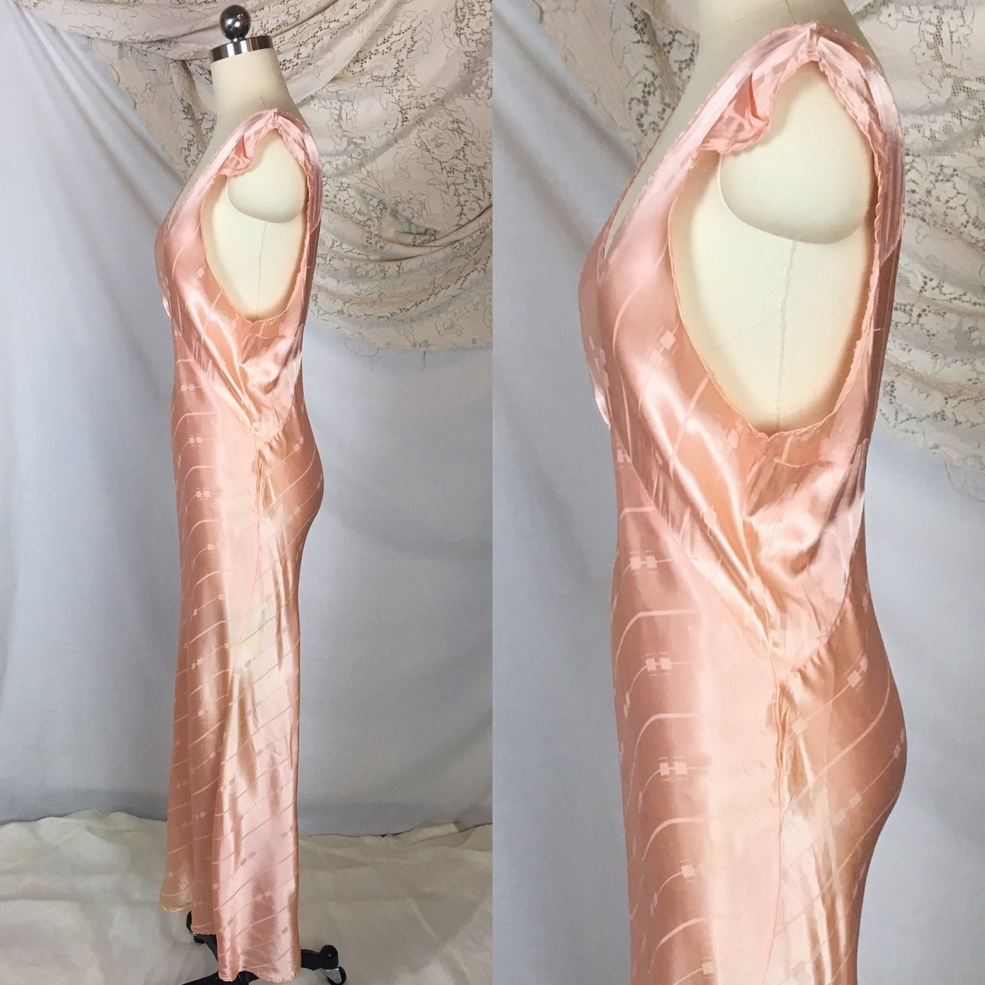 Vintage 1940's Nightgown | Rose Gold Pink Rayon Satin with Art Deco Brocade Pattern | Size MED, LG - Daggers & Dames