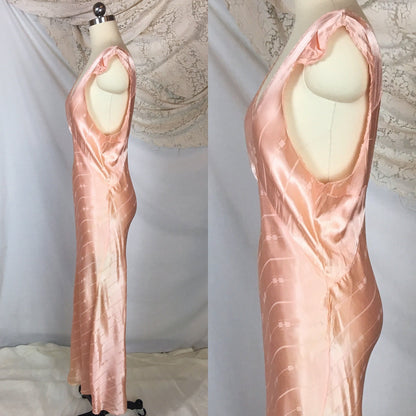 Vintage 1940's Nightgown | Rose Gold Pink Rayon Satin with Art Deco Brocade Pattern | Size MED, LG - Daggers & Dames