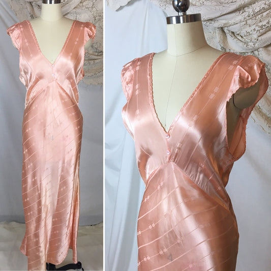 Vintage 1940's Nightgown | Rose Gold Pink Rayon Satin with Art Deco Brocade Pattern | Size MED, LG - Daggers & Dames