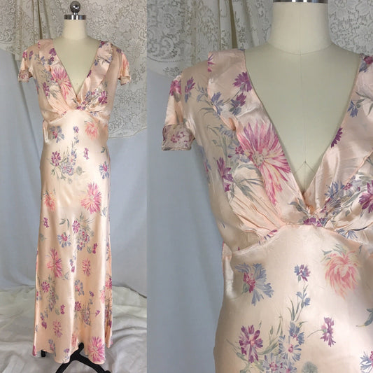 Vintage 1940's Nightgown | Rose Gold Pink Rayon Satin with Bright Floral Print | Fruit of the Loom | Size LG - Daggers & Dames