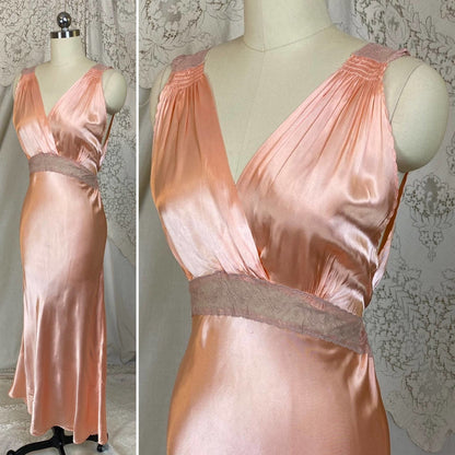 Vintage 1940's Nightgown | Rose Gold Pink Rayon Satin with Warm Nude Tambour Lace | Size S, M | Never Worn - Daggers & Dames