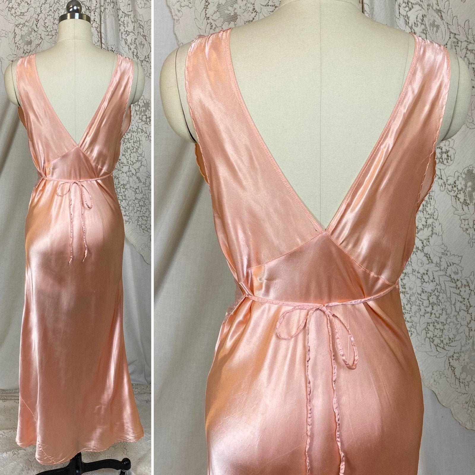 Vintage 1940's Nightgown | Rose Gold Pink Rayon Satin with Warm Nude Tambour Lace | Size S, M | Never Worn - Daggers & Dames