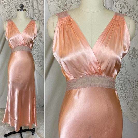 Vintage 1940's Nightgown | Rose Gold Pink Rayon Satin with Warm Nude Tambour Lace | Size S, M | Never Worn - Daggers & Dames