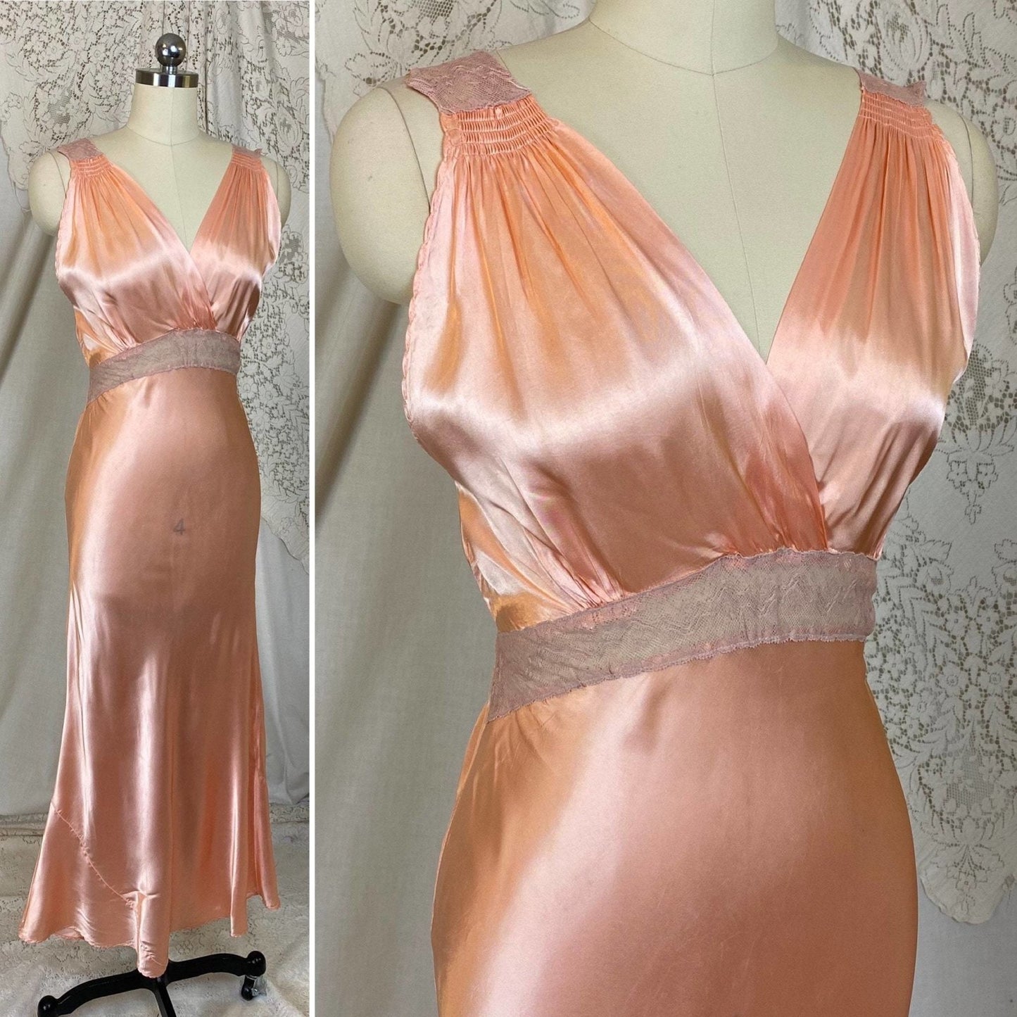 Vintage 1940's Nightgown | Rose Gold Pink Rayon Satin with Warm Nude Tambour Lace | Size S, M | Never Worn - Daggers & Dames
