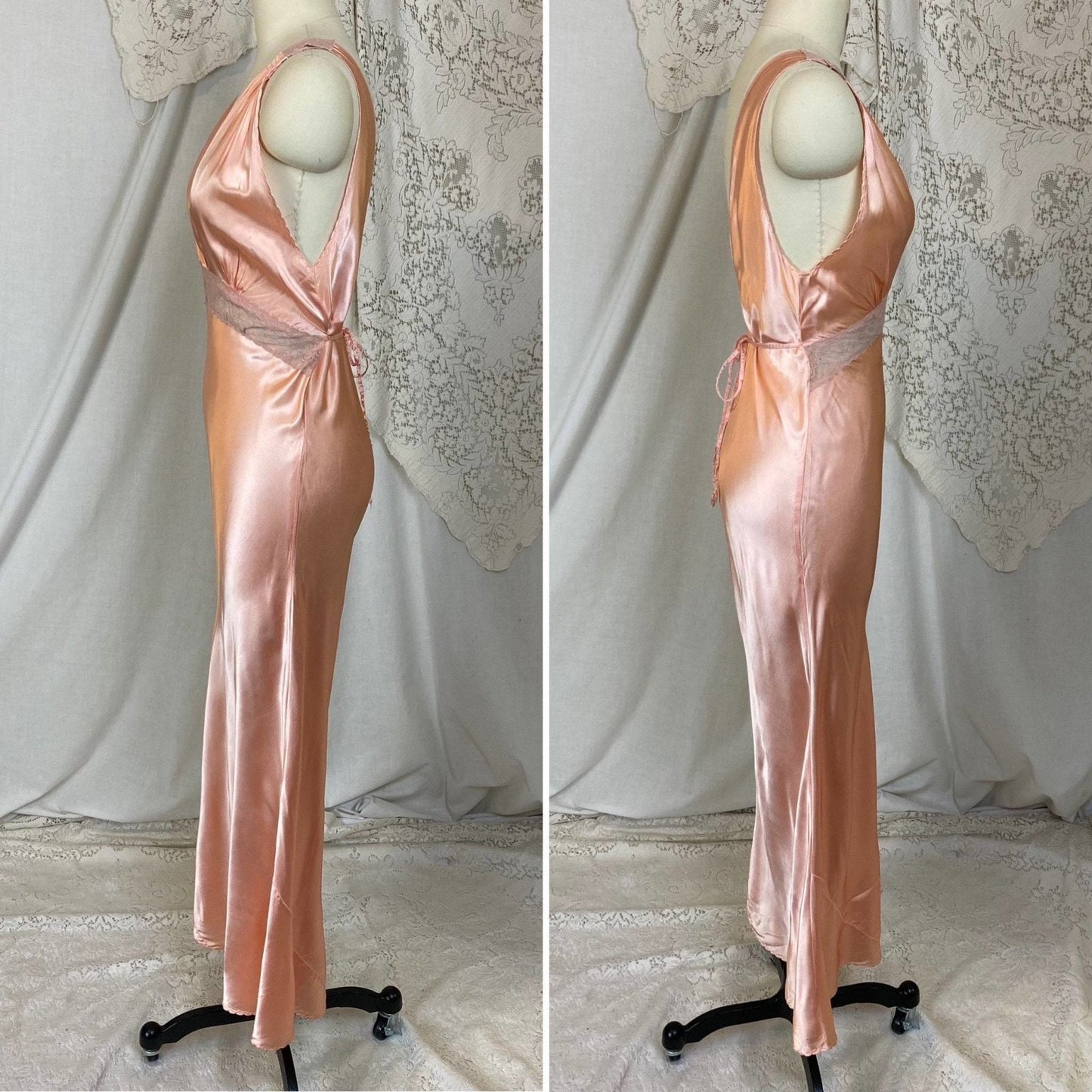Vintage 1940's Nightgown | Rose Gold Pink Rayon Satin with Warm Nude Tambour Lace | Size S, M | Never Worn - Daggers & Dames