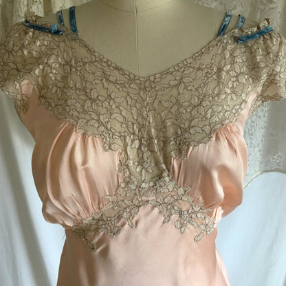Vintage 1940's Nightgown | Rose Gold Pink Silk with Alencon Lace & Blue Velvet Straps | Miss D. Benay | Size M, LG - Daggers & Dames