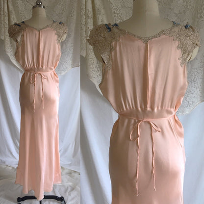 Vintage 1940's Nightgown | Rose Gold Pink Silk with Alencon Lace & Blue Velvet Straps | Miss D. Benay | Size M, LG - Daggers & Dames