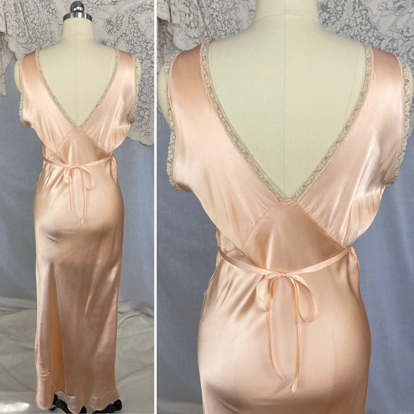 Vintage 1940's Nightgown | Rose Gold Rayon Satin with Ivory Alençon Lace | Size 36-38 Bust, M, LG | Never Worn - Daggers & Dames