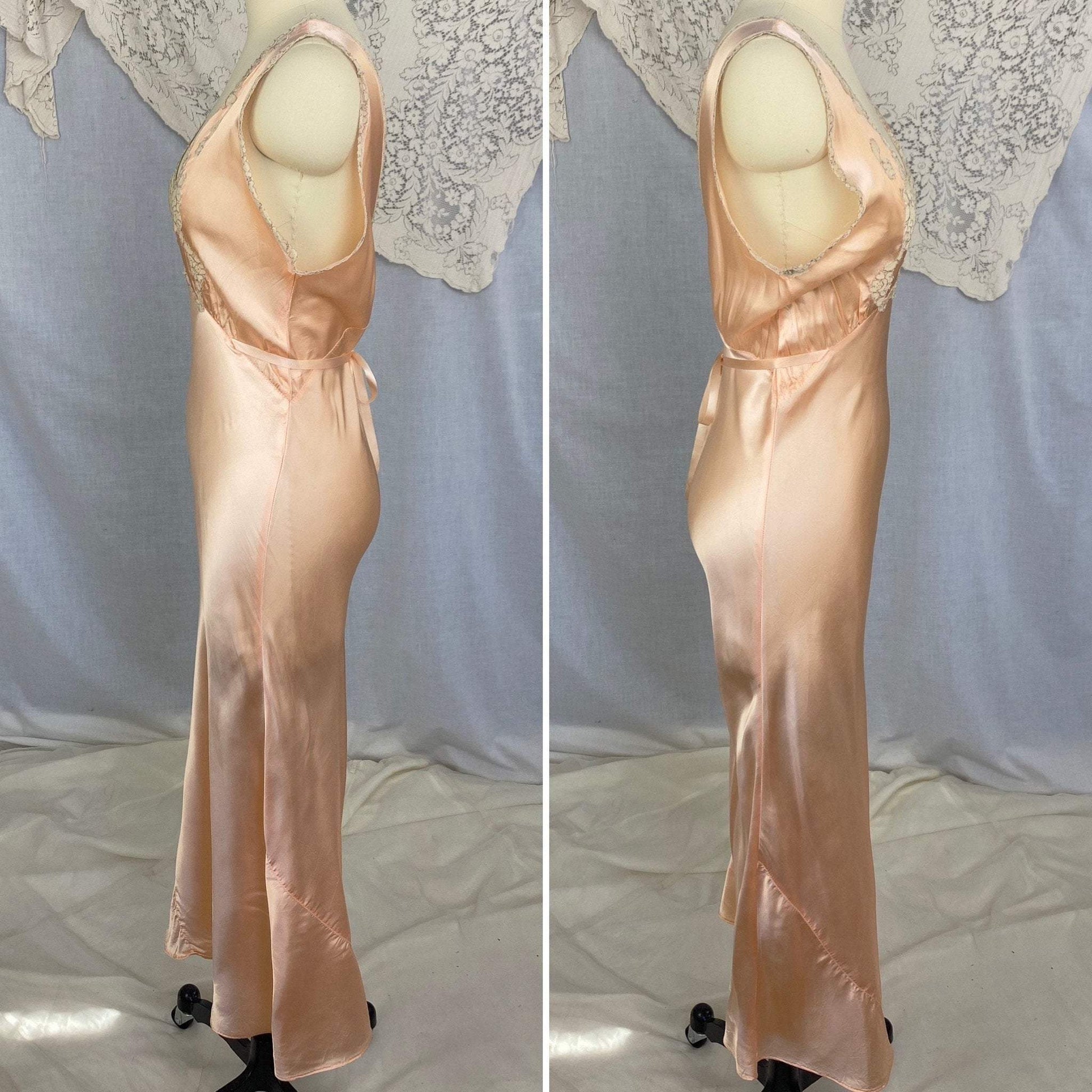 Vintage 1940's Nightgown | Rose Gold Rayon Satin with Ivory Alençon Lace | Size 36-38 Bust, M, LG | Never Worn - Daggers & Dames