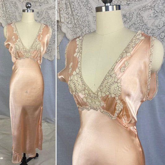 Vintage 1940's Nightgown | Rose Gold Rayon Satin with Ivory Alençon Lace | Size 36-38 Bust, M, LG | Never Worn - Daggers & Dames