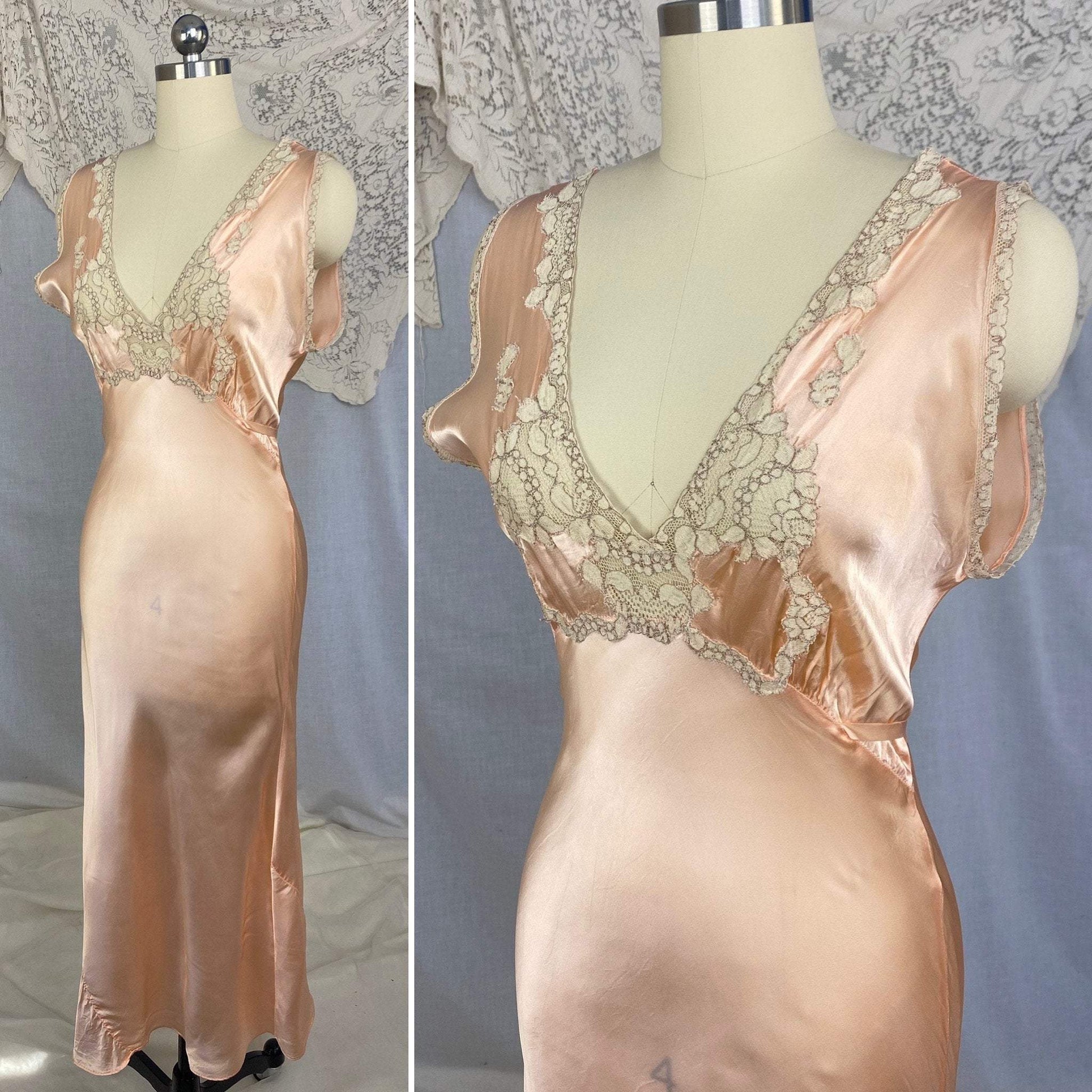 Vintage 1940's Nightgown | Rose Gold Rayon Satin with Ivory Alençon Lace | Size 36-38 Bust, M, LG | Never Worn - Daggers & Dames