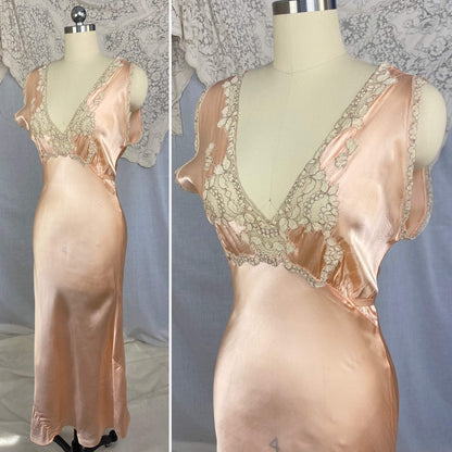 Vintage 1940's Nightgown | Rose Gold Rayon Satin with Ivory Alençon Lace | Size 36-38 Bust, M, LG | Never Worn - Daggers & Dames