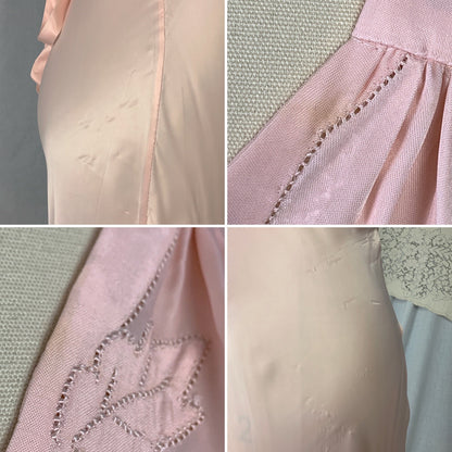 Vintage 1940's Nightgown | Rose Pink Rayon Satin with Hand Stitching & Floral Applique | Size XS | R.H. Macy Co. - Daggers & Dames