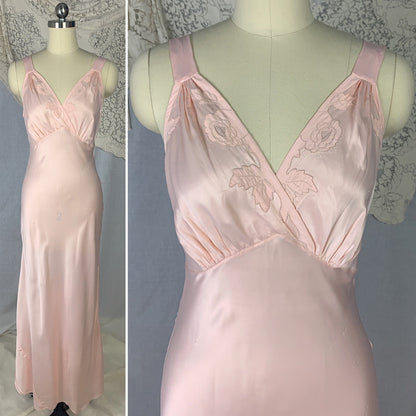 Vintage 1940's Nightgown | Rose Pink Rayon Satin with Hand Stitching & Floral Applique | Size XS | R.H. Macy Co. - Daggers & Dames