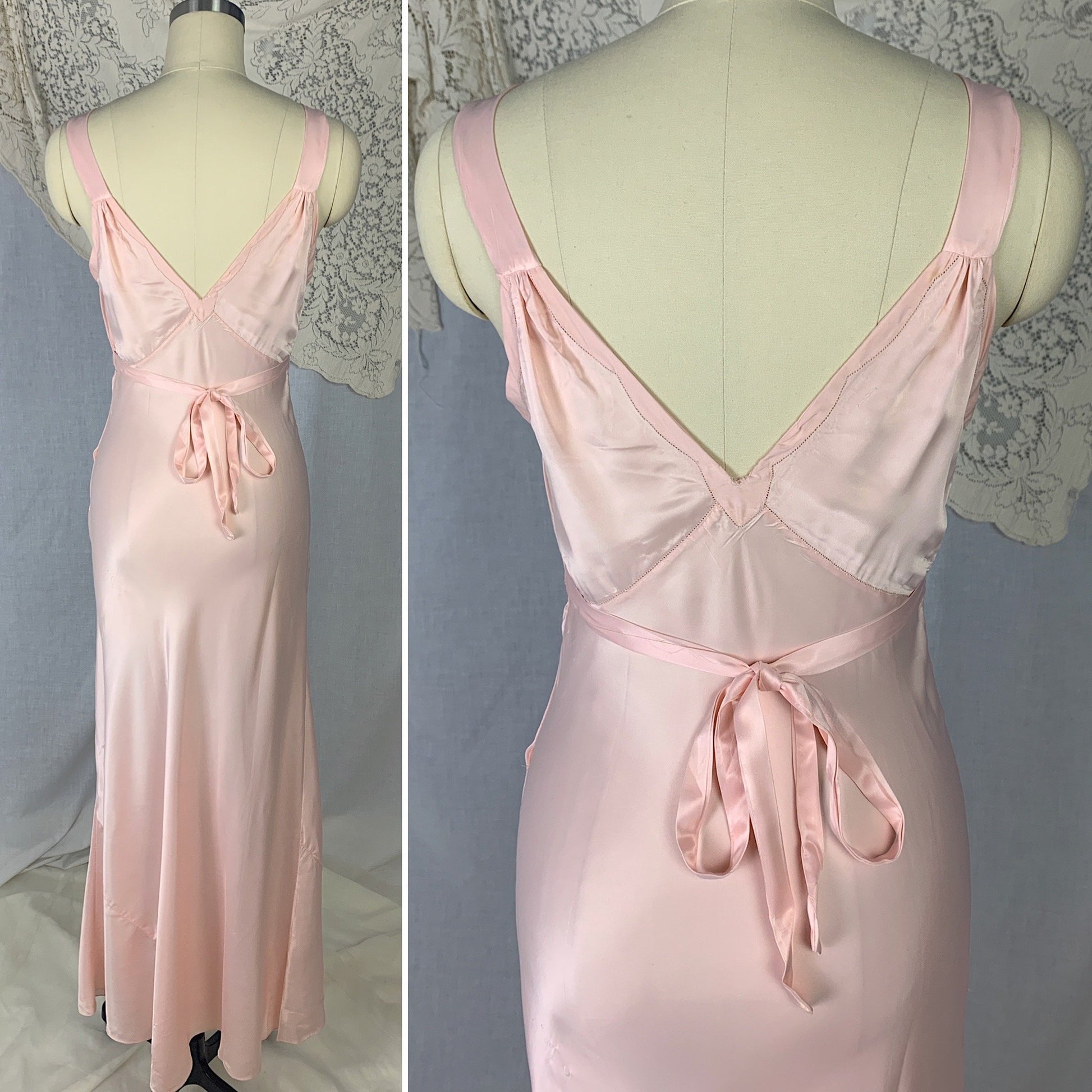 Vintage 1940's Nightgown | Rose Pink Rayon Satin with Hand Stitching & Floral Applique | Size XS | R.H. Macy Co. - Daggers & Dames