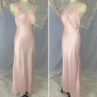 Vintage 1940's Nightgown | Rose Pink Rayon Satin with Hand Stitching & Floral Applique | Size XS | R.H. Macy Co. - Daggers & Dames