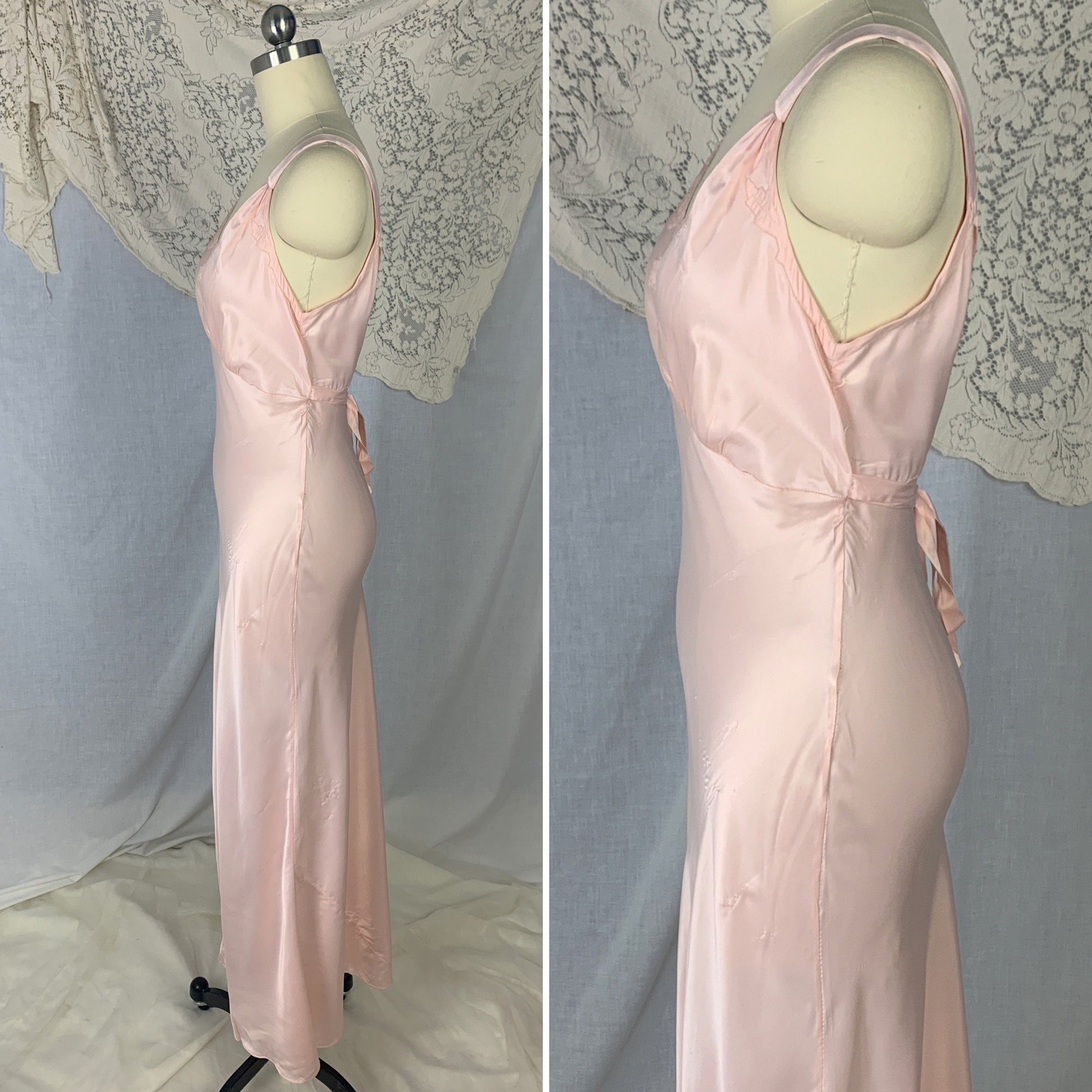 Vintage 1940's Nightgown | Rose Pink Rayon Satin with Hand Stitching & Floral Applique | Size XS | R.H. Macy Co. - Daggers & Dames