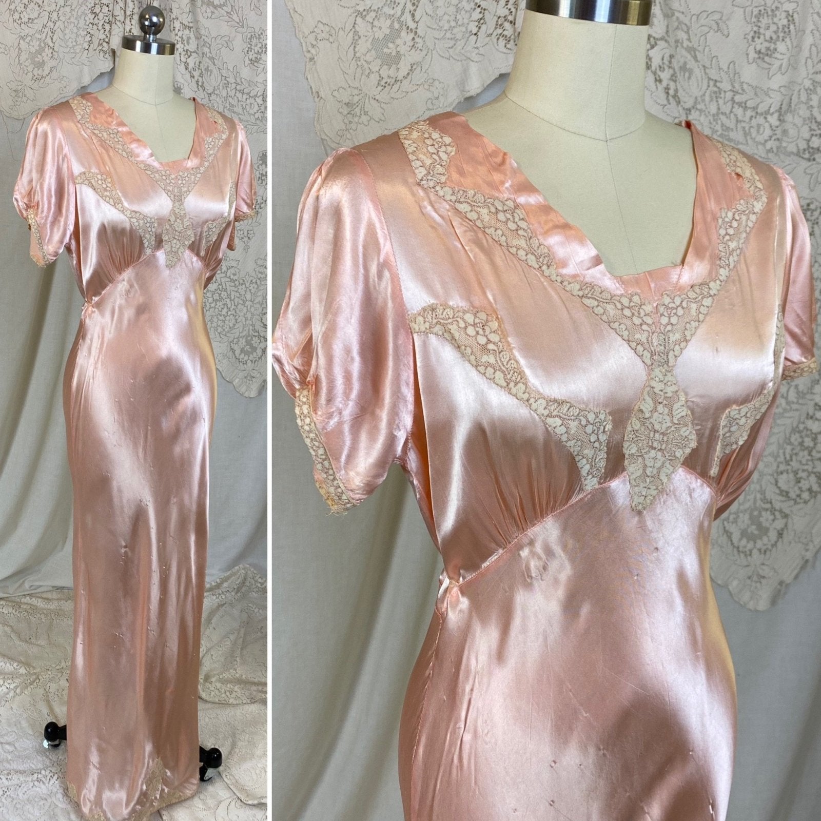 Vintage 1940's Nightgown | Rose Pink Rayon Satin with Ivory Floral Lace | Size M, LG - Daggers & Dames