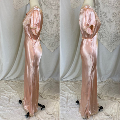Vintage 1940's Nightgown | Rose Pink Rayon Satin with Ivory Floral Lace | Size M, LG - Daggers & Dames
