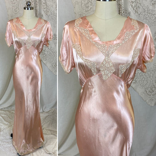 Vintage 1940's Nightgown | Rose Pink Rayon Satin with Ivory Floral Lace | Size M, LG - Daggers & Dames
