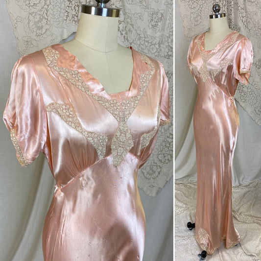 Vintage 1940's Nightgown | Rose Pink Rayon Satin with Ivory Floral Lace | Size M, LG - Daggers & Dames