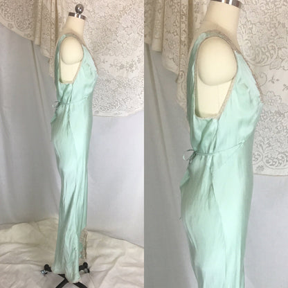 Vintage 1940's Nightgown | Seafoam Green Silk with Ivory Lace | Ro Jene | Size MED - Daggers & Dames
