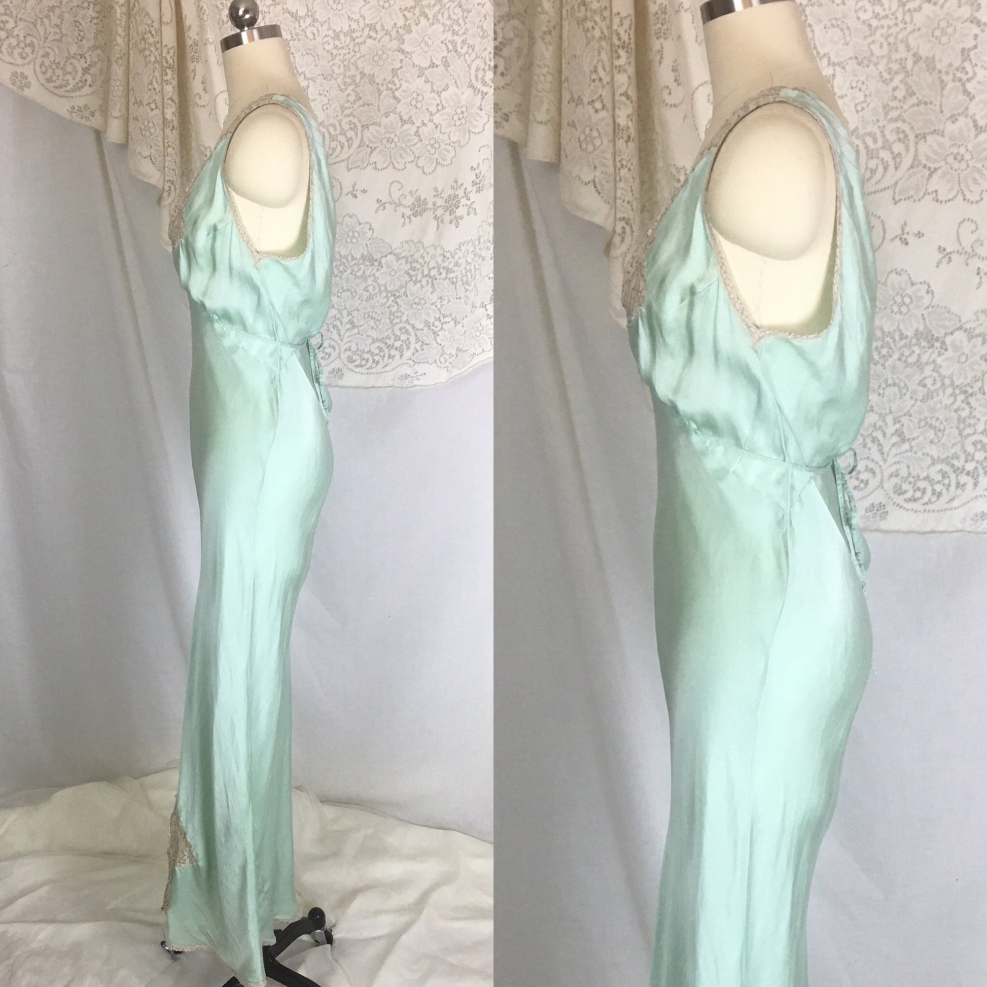 Vintage 1940's Nightgown | Seafoam Green Silk with Ivory Lace | Ro Jene | Size MED - Daggers & Dames