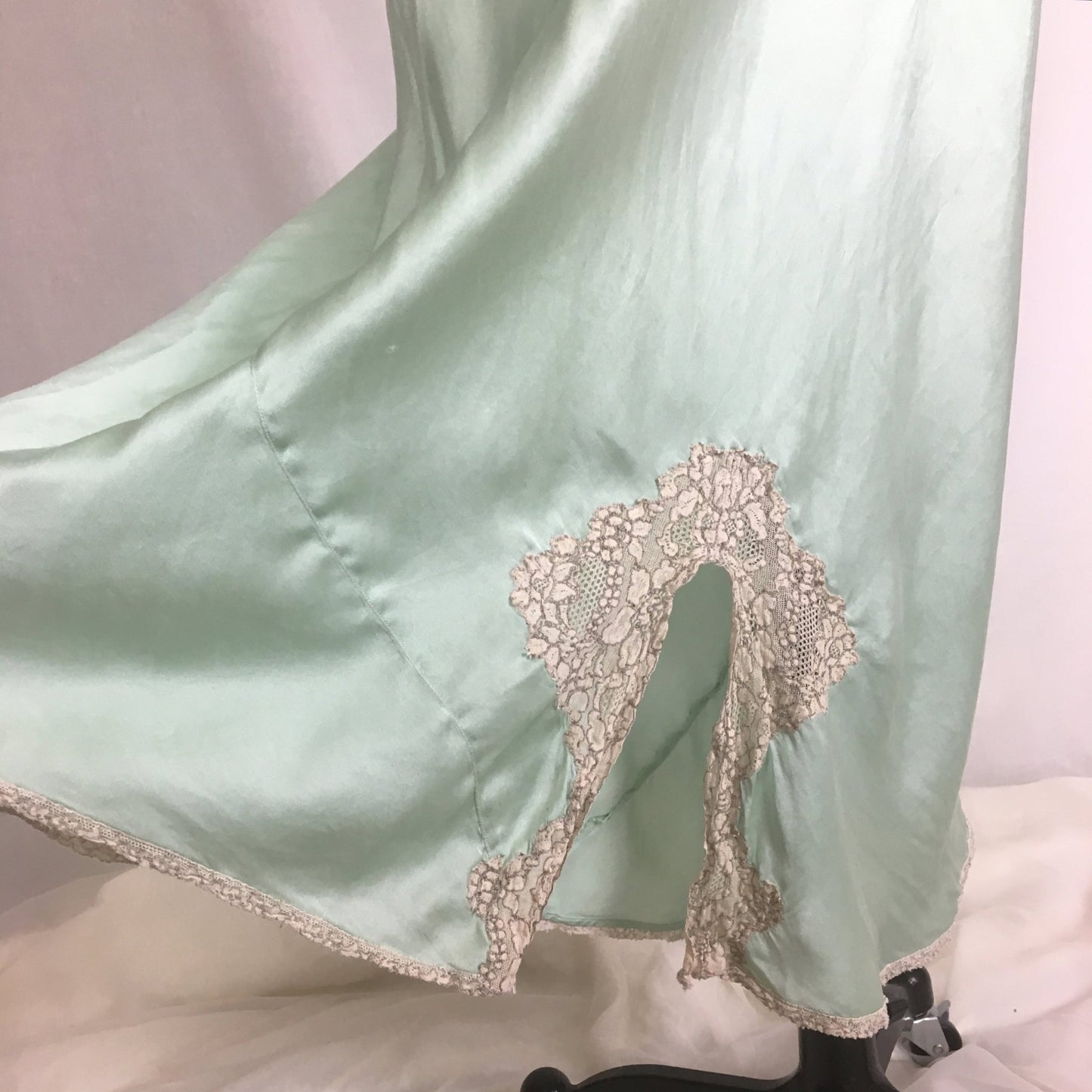 Vintage 1940's Nightgown | Seafoam Green Silk with Ivory Lace | Ro Jene | Size MED - Daggers & Dames