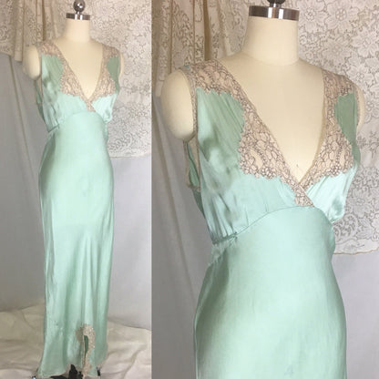 Vintage 1940's Nightgown | Seafoam Green Silk with Ivory Lace | Ro Jene | Size MED - Daggers & Dames