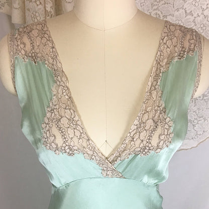 Vintage 1940's Nightgown | Seafoam Green Silk with Ivory Lace | Ro Jene | Size MED - Daggers & Dames