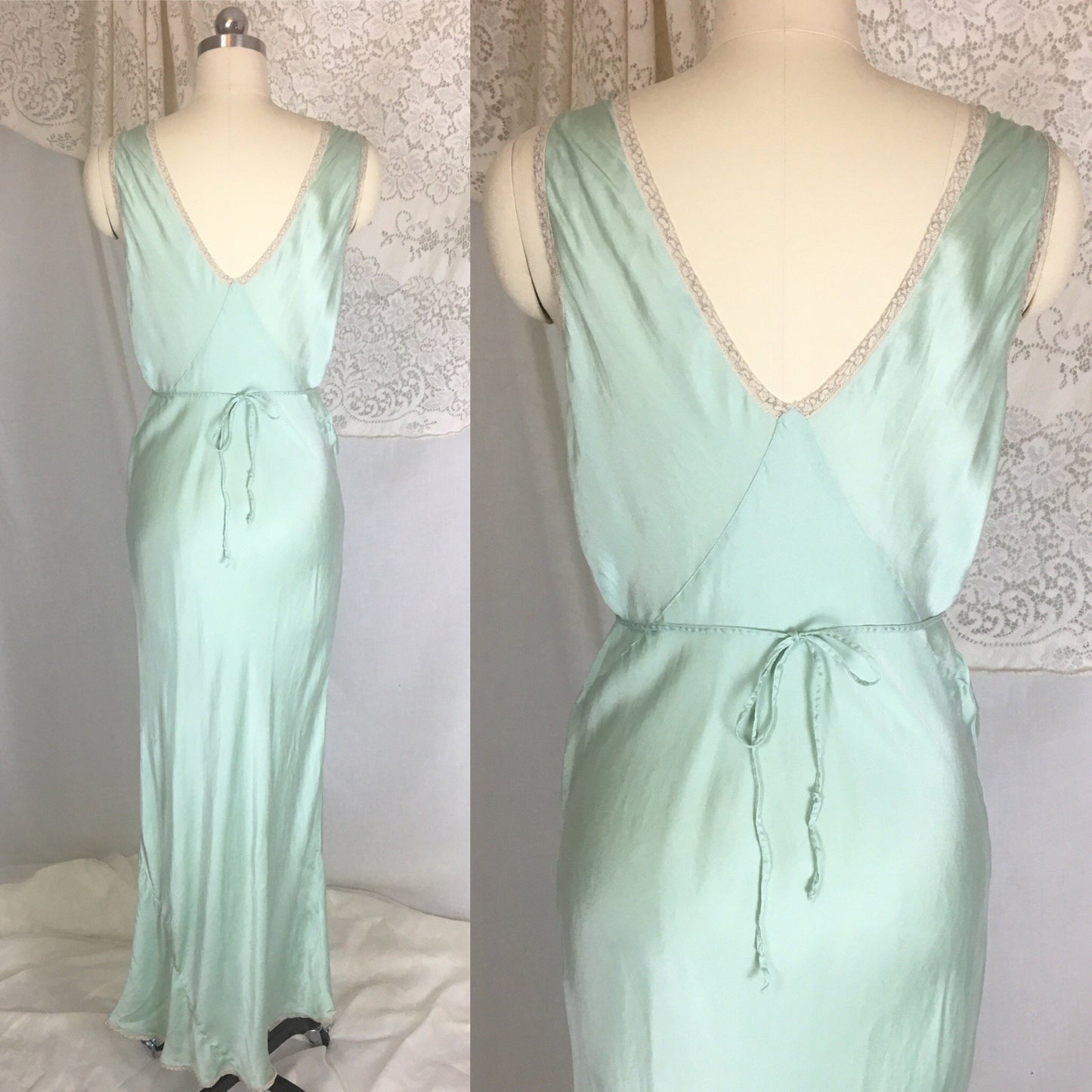 Vintage 1940's Nightgown | Seafoam Green Silk with Ivory Lace | Ro Jene | Size MED - Daggers & Dames