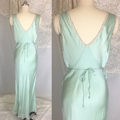 Vintage 1940's Nightgown | Seafoam Green Silk with Ivory Lace | Ro Jene | Size MED - Daggers & Dames
