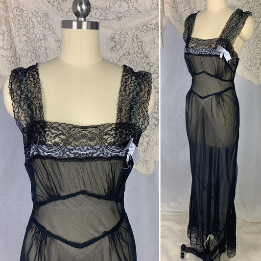 Vintage 1940's Nightgown | Sheer Black Rayon Chiffon with Icy Blue Ribbon & Lace | Size S | Never Worn - Daggers & Dames