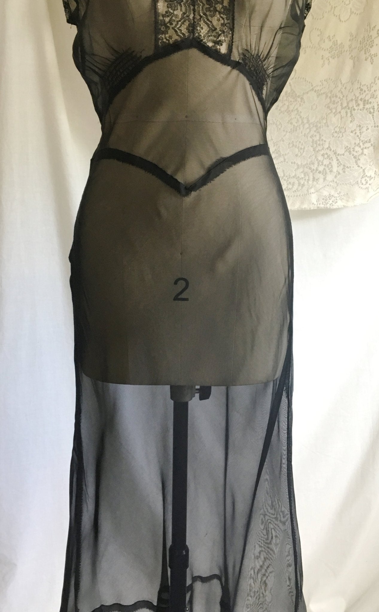 Vintage 1940's Nightgown | Sheer Black Rayon Chiffon with Lace & Cap Sleeves | New Old Stock | Size XS, S - Daggers & Dames