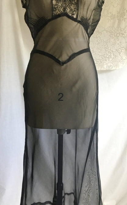 Vintage 1940's Nightgown | Sheer Black Rayon Chiffon with Lace & Cap Sleeves | New Old Stock | Size XS, S - Daggers & Dames