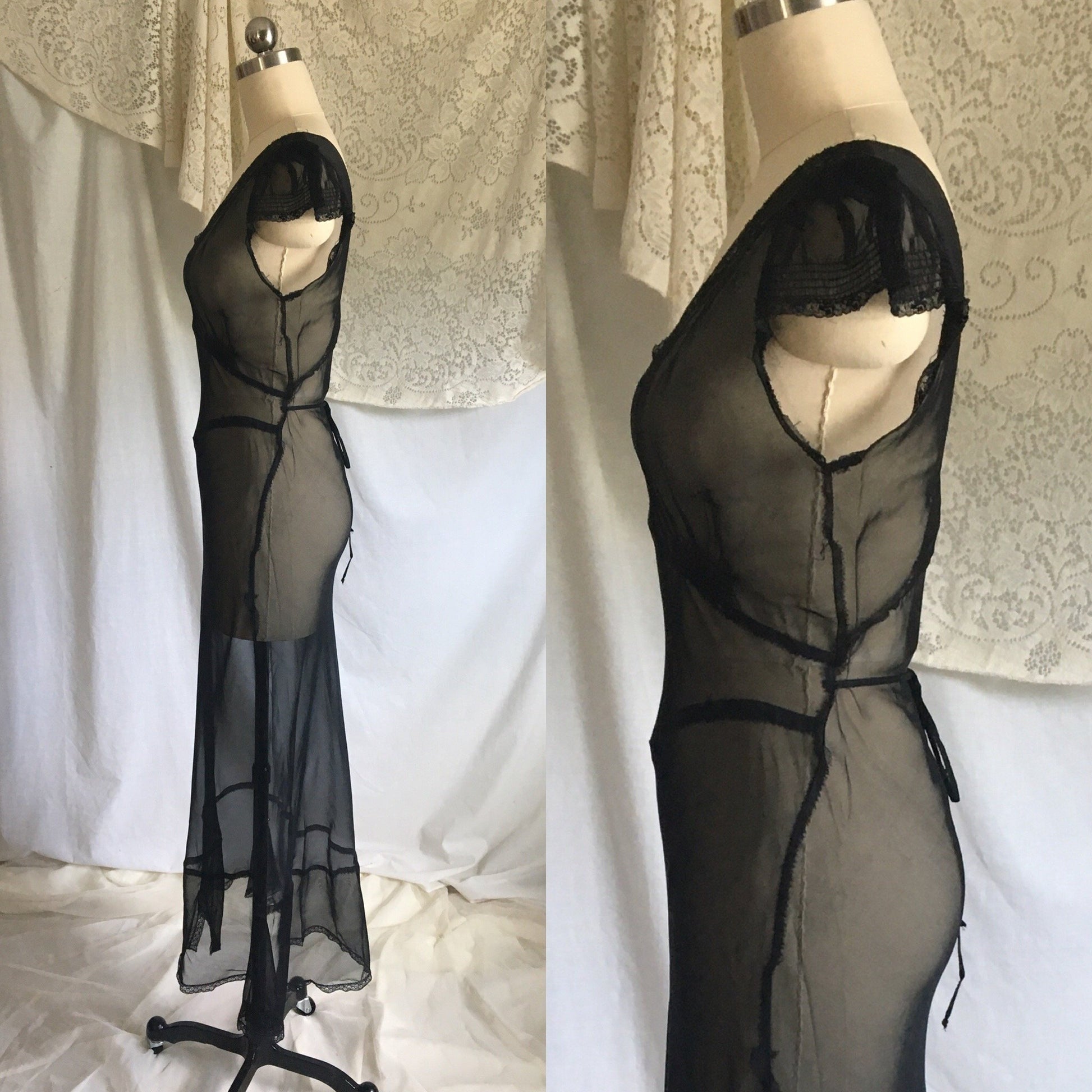 Vintage 1940's Nightgown | Sheer Black Rayon Chiffon with Lace & Cap Sleeves | New Old Stock | Size XS, S - Daggers & Dames
