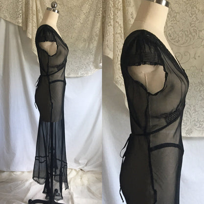 Vintage 1940's Nightgown | Sheer Black Rayon Chiffon with Lace & Cap Sleeves | New Old Stock | Size XS, S - Daggers & Dames