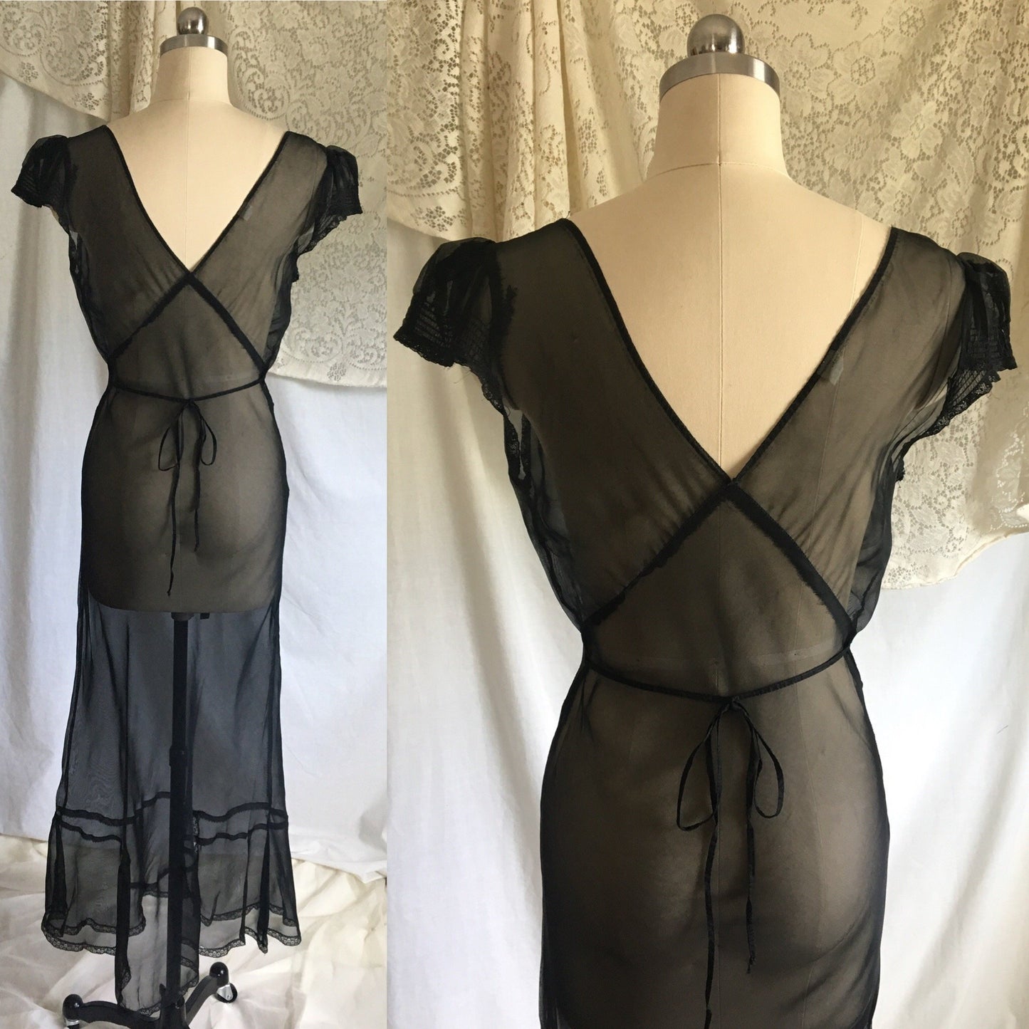 Vintage 1940's Nightgown | Sheer Black Rayon Chiffon with Lace & Cap Sleeves | New Old Stock | Size XS, S - Daggers & Dames