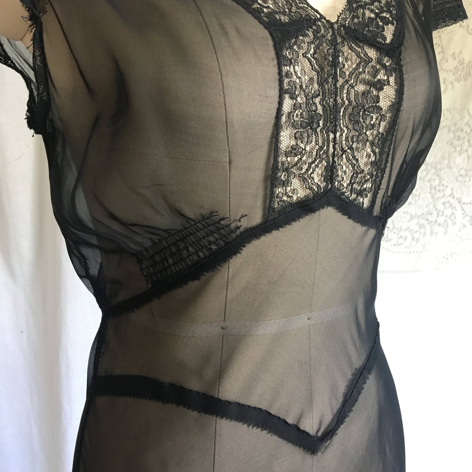 Vintage 1940's Nightgown | Sheer Black Rayon Chiffon with Lace & Cap Sleeves | New Old Stock | Size XS, S - Daggers & Dames