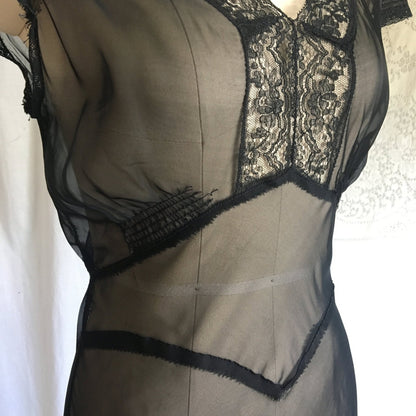 Vintage 1940's Nightgown | Sheer Black Rayon Chiffon with Lace & Cap Sleeves | New Old Stock | Size XS, S - Daggers & Dames